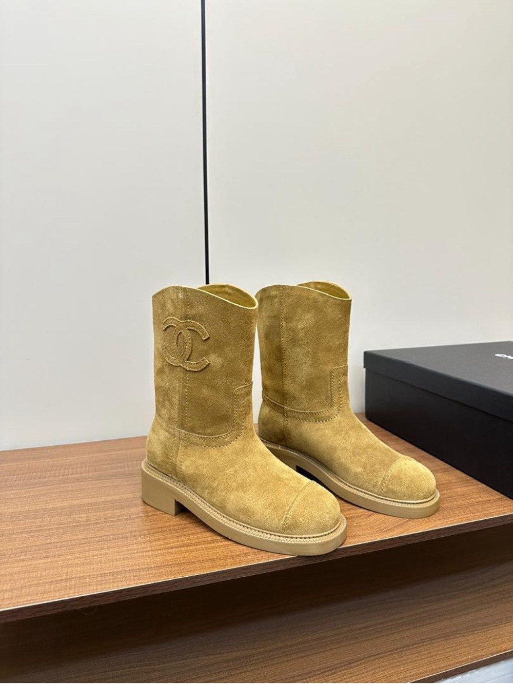 CHANEL Tan Suede Lace-Up Mid-Calf Boots